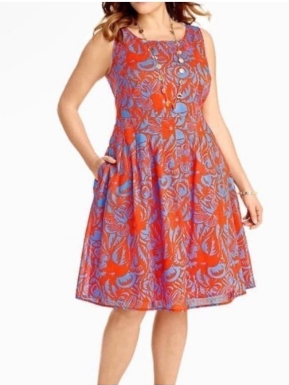 Talbots Orange Floral Fit and Flare Sleeveless Dress